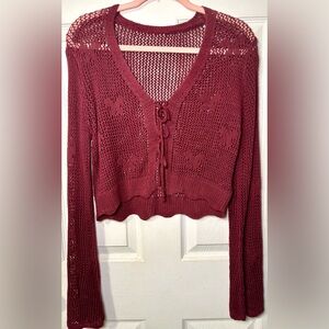 Solid Hollow Out Knit Knotted Red Cardigan Sz 8